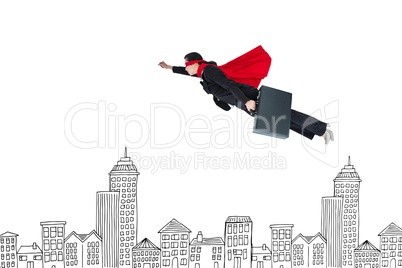 Digital composite image of businesswoman in super hero cape flying over buildings