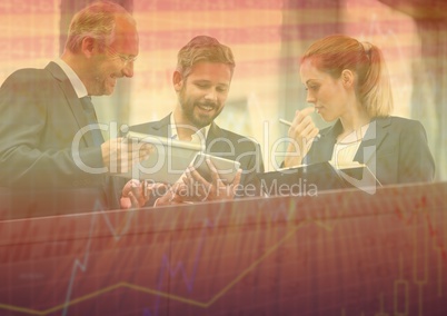 Three business people at balcony with orange chart graphic overlay