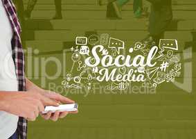 Hand with phone and Social Media text with drawings graphics