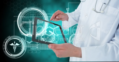 Digital composite image of doctor using digital tablet by medical icons