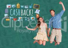 Couple jumping excitedly and Cashback text with drawings graphics