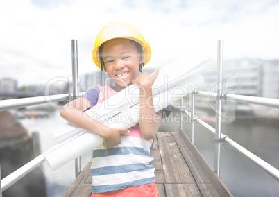 Girl with blueprints in 3D scaffolding