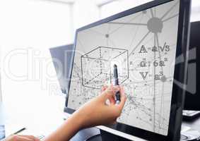 Hand pointing with pen at computer showing black math doodles against grey interface