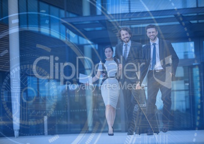 Three business people with luggage and blue interface overlay