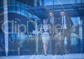 Three business people with luggage and blue interface overlay