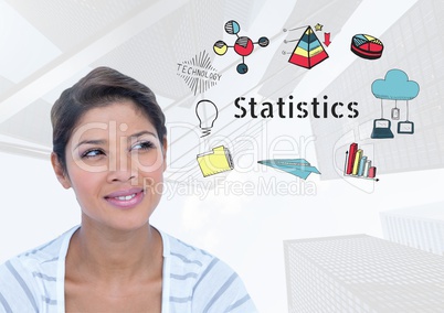 Curious sure smiling woman and Statistics text with drawings graphics