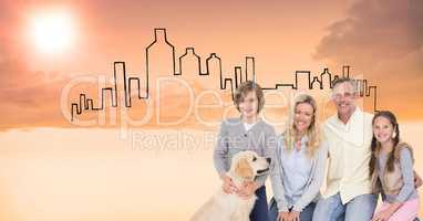 Digital composite image of happy family with dog against drawn buildings