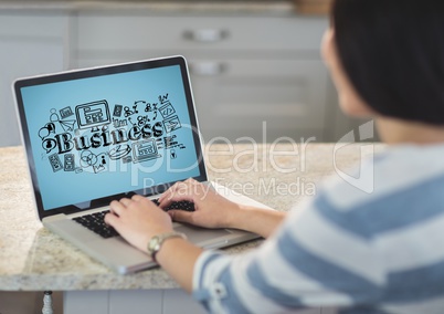 Woman with laptop showing black business doodles against blue background
