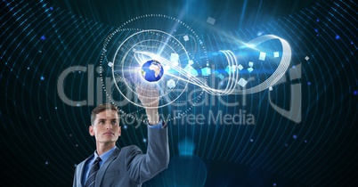 Digital composite image of businessman touching globe on futuristic screen