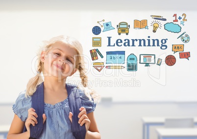 Young girl school with bag and Learning text with drawings graphics