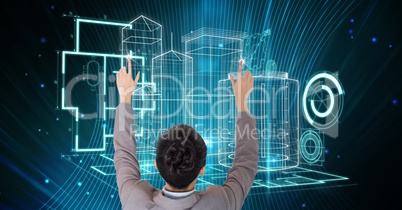 Digital composite image of businesswoman touching virtual screen