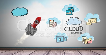 Digital composite image of rocket with notes representing cloud computing