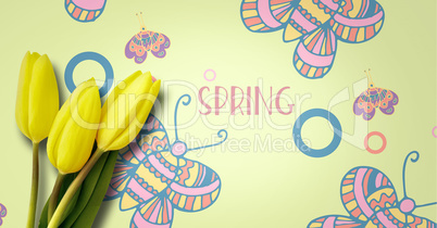 Spring text with Daffodils in front of butterfly pattern