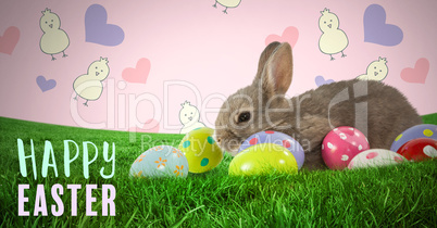 Happy Easter text with Easter rabbit with eggs in front of pattern