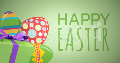 Green type and green gift and red green eggs against green background