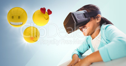 Girl in VR with emojis and flares against blue background