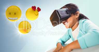 Girl in VR with emojis and flares against blue background
