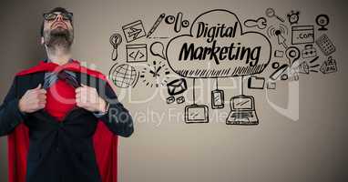 Business man superhero opening shirt against brown background with digital marketing doodles