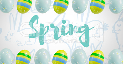 Spring text with Easter eggs in front of pattern