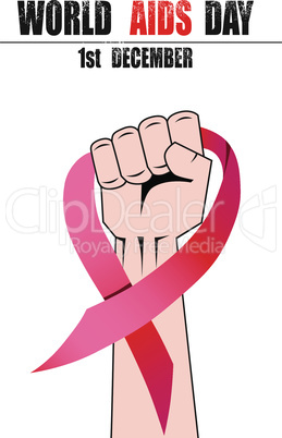 Fight hand fist against stop violence woman, red ribbon, awareness symbol vector