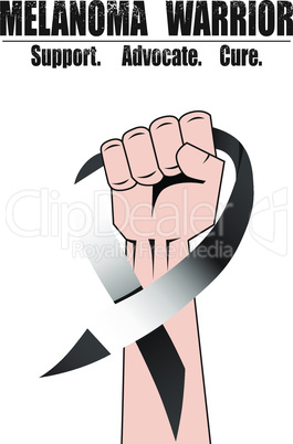 Fight hand fist against melanoma, black ribbon, skin cancer awareness symbol vector
