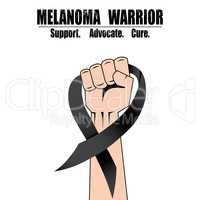 Fight hand fist against melanoma, black ribbon, skin cancer awareness symbol vector