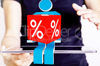 Person with tablet PC and percent cube