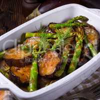 Baked eggplant with green asparagus