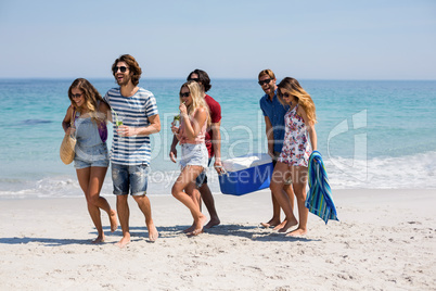 Friends walking at beach during sunny day
