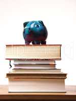Old piggy bank on books