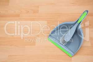 Overhead view of brush with dustpan on hardwood floor