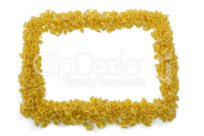 Raw pasta arranged on white background