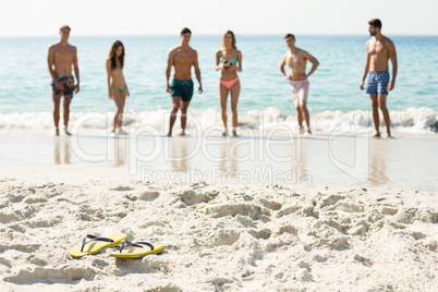 Friends standing on shore at beach Friends standing on shore at beach