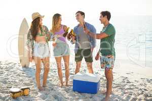 Friends toasting while standing on shore at beach