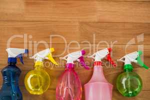 Overhead view of colorful spray bottles