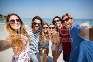 Cheerful friends at beach on sunny day