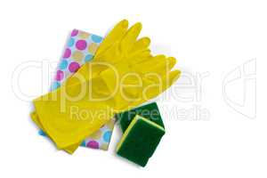 Overhead view gloves with napkin and sponges