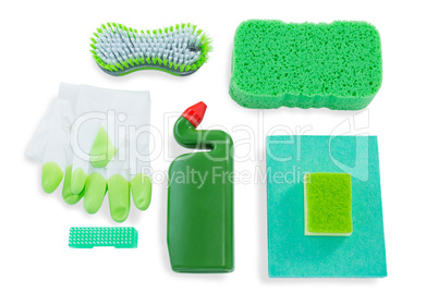 Overhead view of sponges with bottle and wipe pads