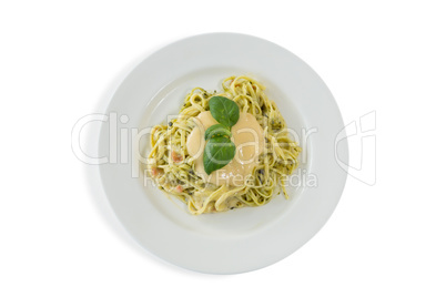Overhead view of fettuccine served in plate