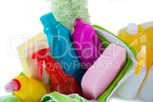 Close up of cleaning products in bucket
