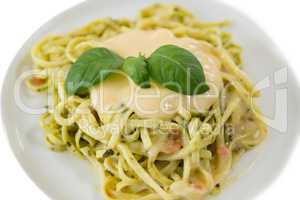 Close up of fettuccine served in plate