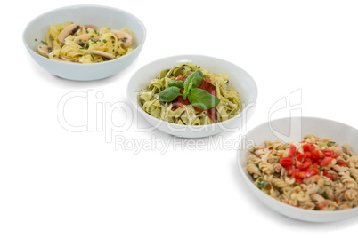 High angle view of pastas served in containers