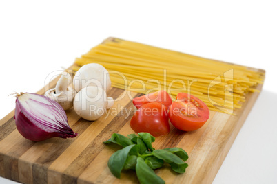 High angle view of vegetable and spaghetti