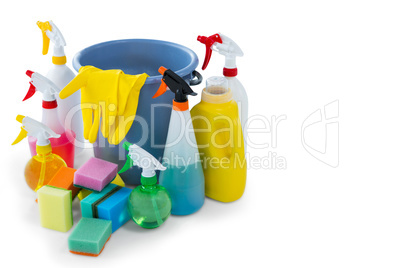 High angle view of bucket amidst cleaning products