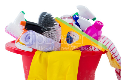 Close-up of cleaning products in bucket