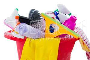 Close-up of cleaning products in bucket