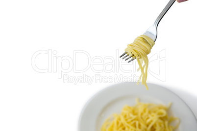 High angle view of spaghetti in plate with fork