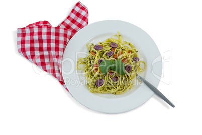 Overhead view of pasta served in plate