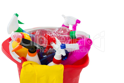 High angle view of cleaning spary and bottles in bucket