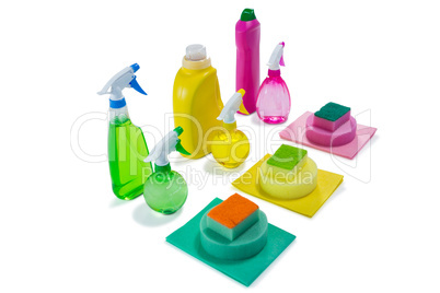 High angle view of colorful cleaning products